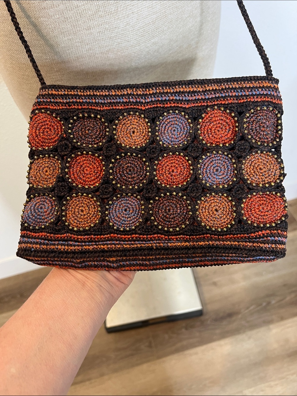 Peruvian Connection Pima Cotton Crochet Beaded Copper Brown Cotton Crossbody Bag